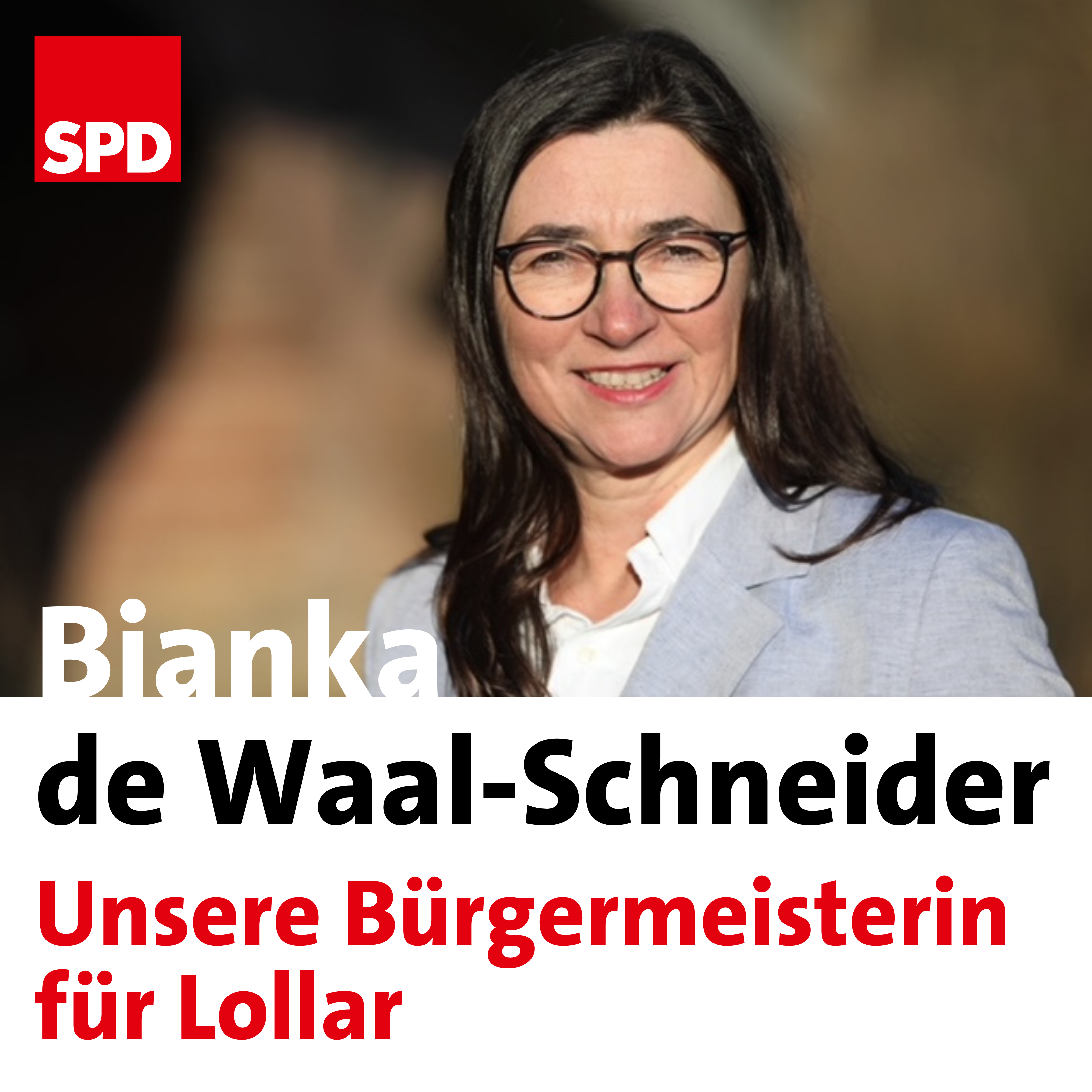 Foto von Bianka de Waal-Schneider mit Schrftzug Bianka de Waal-Schneider - Unsere Büergermeisterin für Lollar